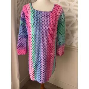 Handmade Women’s One Size Pastel Rainbow Crochet Long Sleeve Mini Dress